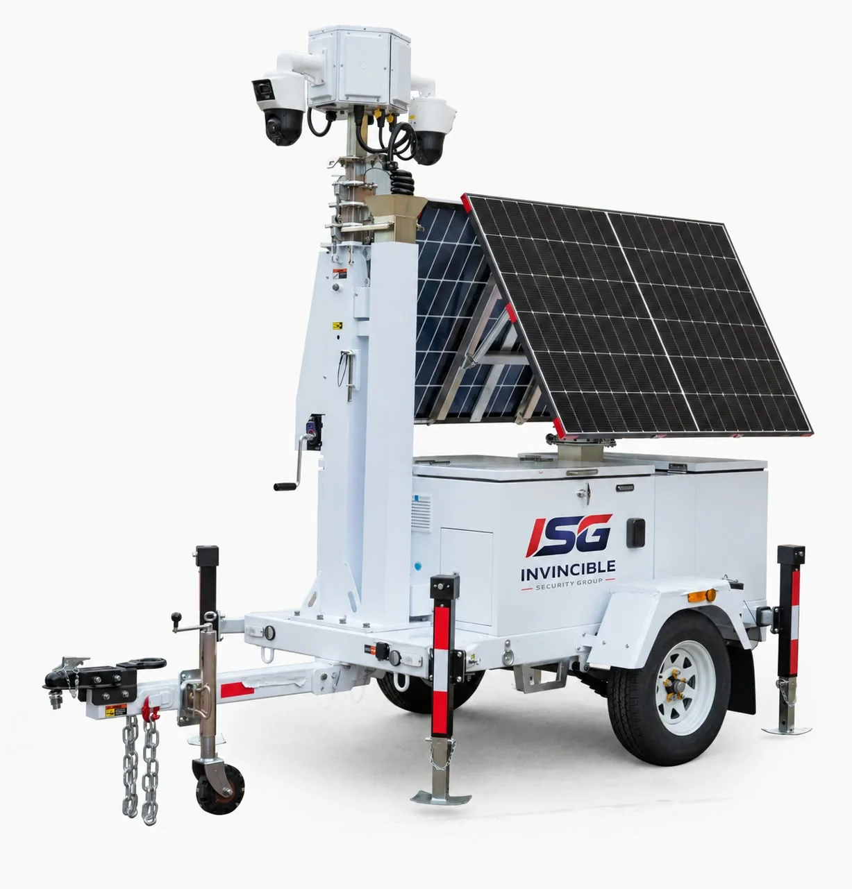 ISG-branded solar-powered AI surveillance trailer with PTZ security cameras, strobe light and tilted solar panels