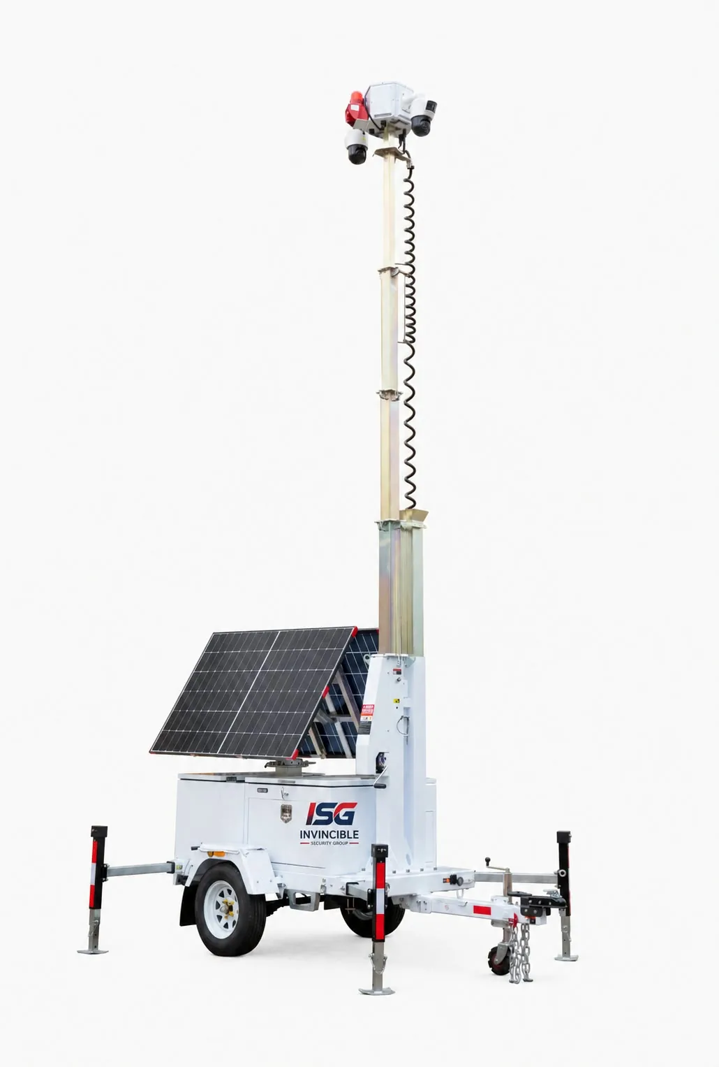 ISG AI surveillance trailer with telescoping camera mast fully raised above the solar panels