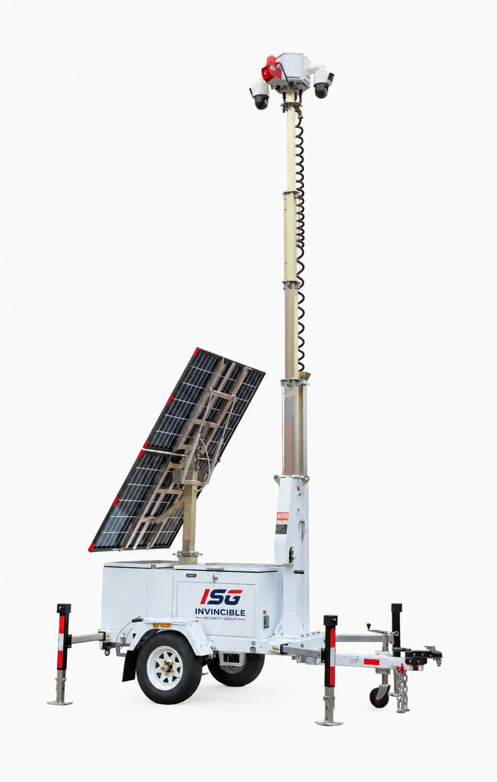 Side view of the solar-powered ISG mobile surveillance trailer with tilted solar panel and raised mast